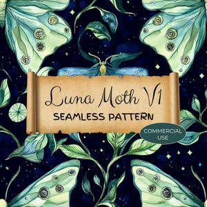 Könnte beinhalten: Ein nahtloses Muster mit Aquarell-Illustrationen von grünen Luna-Motten, Blattranken und weißen Sternen auf dunkelblauem Hintergrund. Der Text "Luna Moth V1 Seamless Pattern" ist auf einer Schriftrolle geschrieben.