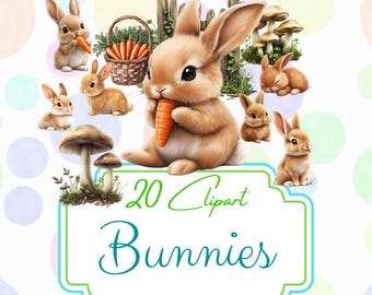 Watercolor Bunny Clipart: Woodland Animals, Rustic Flora (Digital Download, Commercial Use x20 PNGs) cc337
