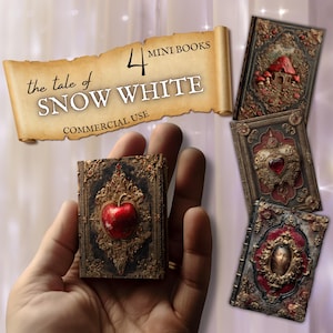 May include: A collection of four miniature Snow White storybooks. One book is held in a hand, featuring a red apple design. The other three books have ornate covers with various designs, including a heart, a portrait, and a mushroom house. The text on the scroll reads "the tale of Snow White".