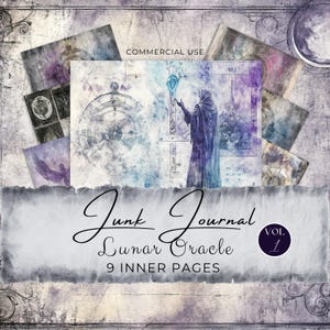 Lunar Orakel Karte Junk Journal Seiten | 9 Scrapbook Papiere | Kommerzielle Nutzung | Lila Grau, Mond Phase Magisch Mystisch, Tarot Kunst Style FAN37