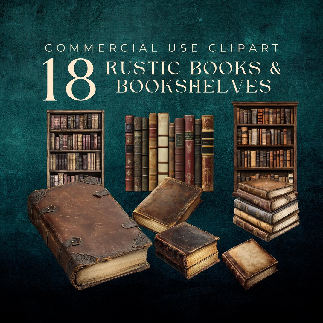 Old Book Page Clipart X18 | Commercial Use | Rustic Books & Bookshelves With Leather Covers ...