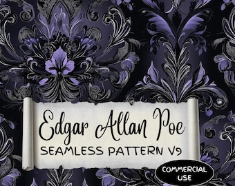 Edgar Allan Poe Seamless Pattern, Gothic Damask Texture (JPG, Commercial Use) GV37