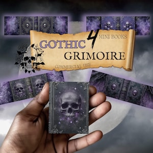 May include: A collection of four mini Gothic Grimoire books. The books feature a skull design on the cover and spine, with a dark purple and black color scheme. The image includes the text "Gothic Grimoire" and "Commercial Use".