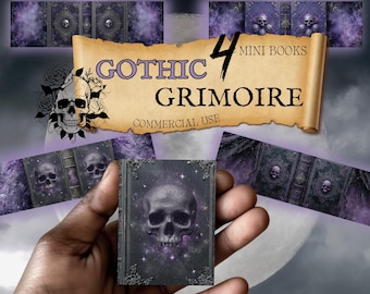 mini book covers with spine, gothic skull grimoire art, dark fantasy spell book, Halloween junk journal, printable scrapbook ephemera, hal37