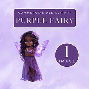 May include: A digital illustration of a purple fairy with dark skin, long black hair, and sparkling wings. She is wearing a purple dress with a sparkly bodice and a flower crown.