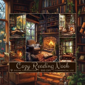 Dziennik śmieciowy Reading Nook do druku | Zastosowanie komercyjne | Ilustracja sztuki cyfrowej DIY | Kominek, siedzisko przy oknie, krzesło, półka na książki, książki CC337