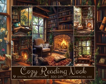 Puede incluir: Un collage de nueve ilustraciones digitales que representan rincones de lectura acogedores. Cada imagen presenta una chimenea, estanterías y una cómoda silla o sofá. Las imágenes están en una paleta de colores cálidos y acogedores y crean una sensación de paz y tranquilidad.