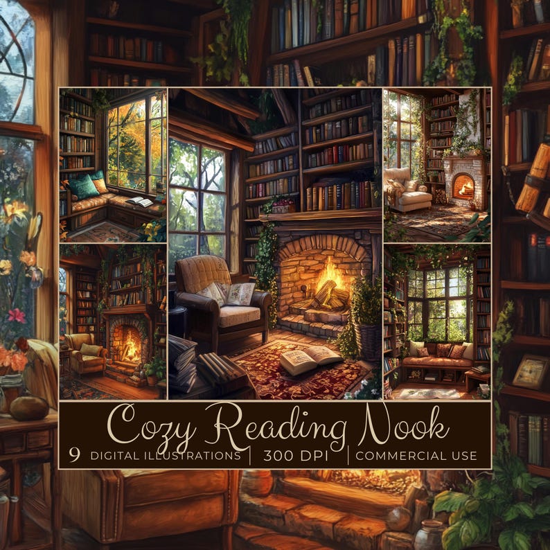 Puede incluir: Un collage de nueve ilustraciones digitales que representan rincones de lectura acogedores. Cada imagen presenta una chimenea, estanter&iacute;as y una c&oacute;moda silla o sof&aacute;. Las im&aacute;genes est&aacute;n en una paleta de colores c&aacute;lidos y acogedores y crean una sensaci&oacute;n de paz y tranquilidad.