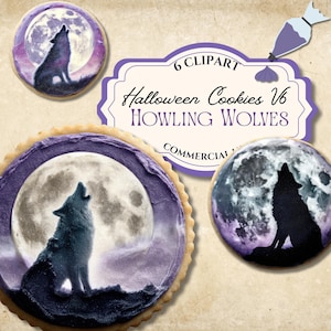 Puede incluir: Tres galletas temáticas de Halloween con un diseño de lobo aullando. Cada galleta presenta una luna llena y una silueta de lobo en tonos de morado, gris y negro. La imagen también incluye una etiqueta que dice "Halloween Cookies V6 Howling Wolves".
