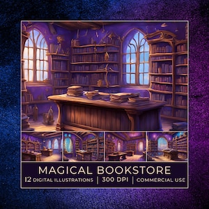 May include: A magical bookstore interior with tall bookshelves filled with books, a wooden counter, and large arched windows. The room is lit by warm sunlight streaming through the windows. The text "MAGICAL BOOKSTORE" is displayed at the bottom of the image.
