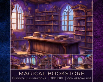 May include: A magical bookstore interior with tall bookshelves filled with books, a wooden counter, and large arched windows. The room is lit by warm sunlight streaming through the windows. The text "MAGICAL BOOKSTORE" is displayed at the bottom of the image.