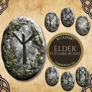 May include: A selection of Elder Futhark runes on weathered stones, with moss. The image shows a large rune stone and several smaller ones, plus a circular graphic that reads "30 Clipart Elder Futhark Runes Commercial Use."
