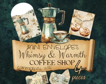 Coffee Shop Mini Envelopes, Cottagecore Junk Journal, Vintage Cafe Ephemera, Cozy Scrapbook Kit, Dark Academia, Commercial Use, CC337