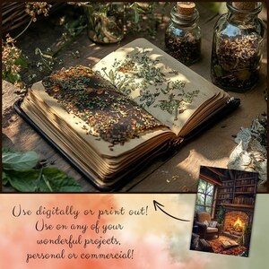 Puede incluir: Un libro abierto con flores y hojas secas prensadas entre las p&aacute;ginas. El libro est&aacute; sobre una superficie de madera con dos frascos de vidrio llenos de hierbas secas. El texto de la imagen dice "&iexcl;Usa digitalmente o imprime! &iexcl;Usa en cualquiera de tus maravillosos proyectos, personales o comerciales!"