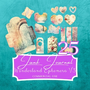 wonderland junk Journal Kit, druckbares Scrapbook Ephemera, digitale Tags, Fantasy Märchen, Spiegel, bunte Pilzkunst, fan37