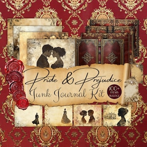 Kit de journal indésirable Jane Austen : Orgueil et préjugés | Utilisation commerciale | Plus de 100 pages, documents éphémères, couvertures de livres, cartes, étiquettes, folios, enveloppes | GV37