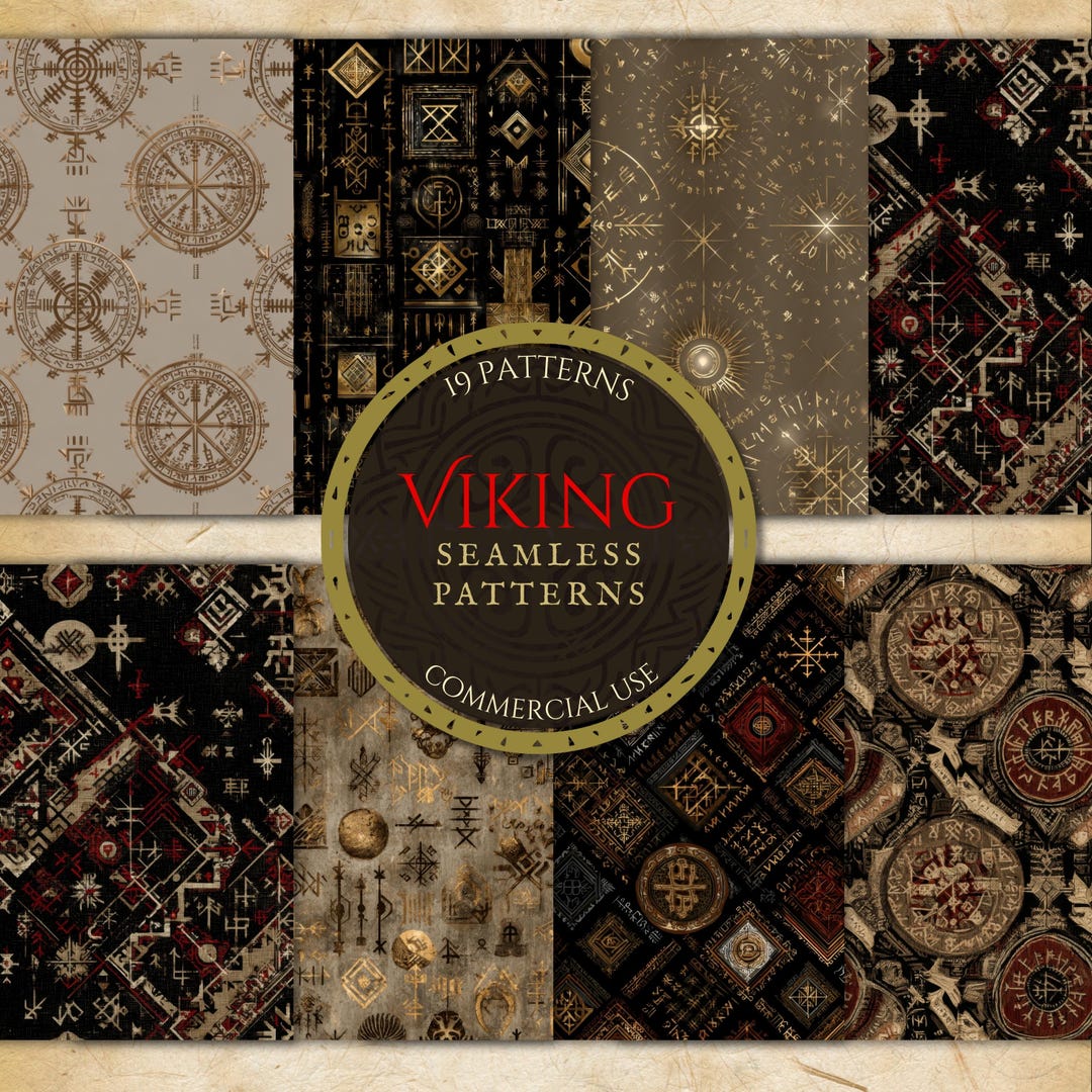 Silver Rune Pattern Viking Runes Seamless Pattern Bundle: Norse Mythology Digital Paper ...