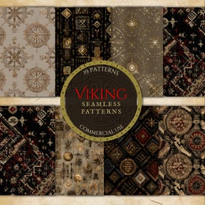 May include: A collection of 19 Viking seamless patterns in various designs. The patterns feature geometric shapes, compass-like symbols, and runes in shades of brown, black, and gold. The image includes a circular graphic with the word "VIKING".