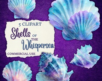 Watercolor Seashells Clipart: Fantasy Ocean PNG, Pastel Dreamy Colors (Digital Download) fan37