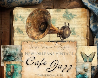 vintage New Orleans, junk journal pages, cafe jazz printable, retro ephemera, scrapbook paper, Mardi Gras,  1920s theme, coffee shop, gv37