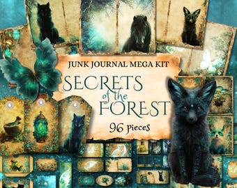 secrets of the forest mega kit, junk journal bundle, cottagecore ephemera, magic elf, dark fantasy, book of shadows, aged parchment, fan37