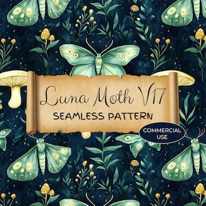 Padrão sem emendas de mariposa lunar, uso comercial, bruxa lunar celestial, papel de parede da natureza, fantasia mágica mística, arte azul e verde JPG, LMB19