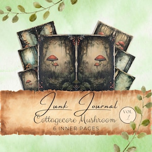 Junk Journal Kit Mushroom Pages | Commercial Use | 9 Digital Paper, Scrapbook Craft, Watercolor Cottagecore Goblincore Green Fungi CC337