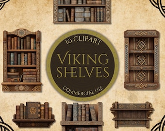 Viking Bookshelf Clipart: Norse Fantasy Decor PNGs (Digital Download, Commercial Use) nm37
