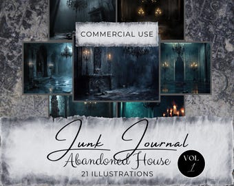 Puede incluir: Un conjunto de 21 ilustraciones digitales que representan casas abandonadas con una iluminación oscura y atmosférica. El conjunto se titula "Junk Journal Abandoned House Vol. 1" y es para uso comercial.