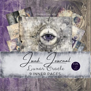 Lunar Orakel Karte Junk Journal Seiten | 9 Scrapbook Papiere | Kommerzielle Nutzung | Lila Grau, Mond Phase Magisch Mystisch, Tarot Kunst Style FAN37