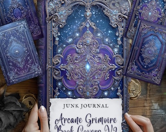 junk journal book covers, magic arcane grimoire, wizard spell book printable, witchy ephemera, dark academia purple, vintage fantasy, fan37