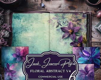 Purple Teal Floral Junk Journal Pages: Abstract Scrapbook Paper (Commercial Use)
