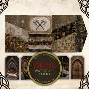 May include: A digital collage featuring a Viking theme. The design includes a central panel with crossed axes, surrounded by various patterns and textures in shades of brown and gold. The text "VIKING WATERFALL FOLIO COMMERCIAL USE" is displayed.