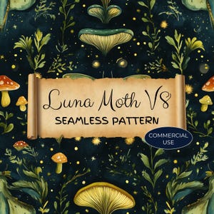 Padrão sem emendas de mariposa lunar, uso comercial, bruxa lunar celestial, papel de parede da natureza, fantasia mágica mística, arte azul e verde JPG, LMB19