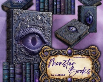 Haunted Grimoire Clipart, Monster Books with Eyes, Dark Academia Ornate Spines, Magical Fantasy Book of Shadows PNG, Commercial Use, GV37