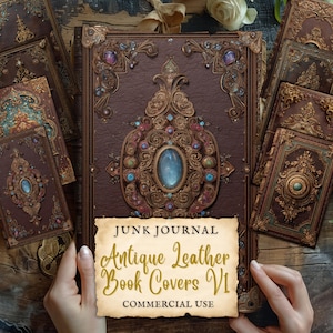 Op de afbeelding: Antieke leren boekomslagen met sierlijke gouden details en gekleurde juwelen. De bruine omslagen hebben ingewikkelde gouden filigraan en een grote ovale edelsteen. De tekst op de omslag luidt "Junk Journal Antique Leather Book Covers V1 Commercial Use."