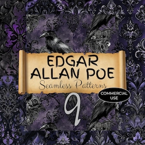 poe seamless pattern, Edgar Allan Poe gothic, digital paper pack, classic literature, black purple raven, dark academia, commercial use gv37