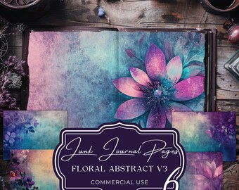 Purple Teal Floral Junk Journal Pages: Abstract Flower Art (Digital Download)