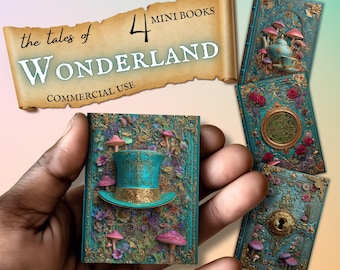 Mini Book Covers with Spines, Wonderland Storybook, Junk Journal Insert, Printable Miniature, Vintage Ephemera, Fairy Tale Antique, FAN37