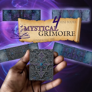May include: A collection of four mini books with a mystical grimoire theme. The books have ornate, dark gray covers with purple and blue accents. The image includes the text "Mystical Grimoire" and "Commercial Use".