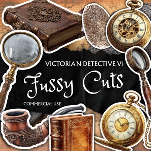 Puede incluir: Una ilustración digital con un tema de detective victoriano con el texto "Victorian Detective VI Fussy Cuts Commercial Use". La imagen incluye una lupa, un reloj de bolsillo, un libro y una pipa.