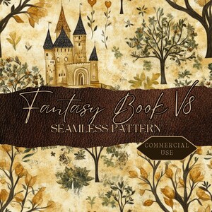 May include: A fantasy-themed seamless pattern design with a castle, trees, and foliage in brown, tan, and green hues. The text "Fantasy Book V8" and "Seamless Pattern" are displayed. The design is suitable for commercial use.
