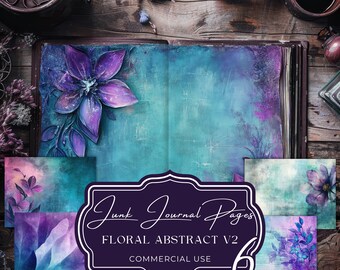 Floral Junk Journal Pages: Purple Teal Scrapbook Paper (Commercial Use)
