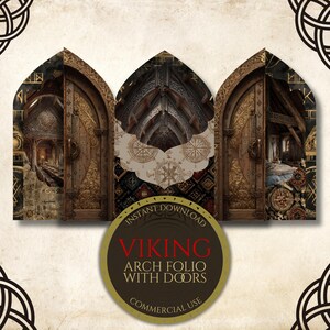 May include: A digital Viking arch folio with doors. The image shows three arched doors with detailed wooden carvings and interior scenes. A circular emblem reads "Viking Arch Folio with Doors" and "Commercial Use."