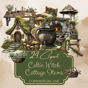 Artículos y muebles de cabaña de brujas del bosque (Clipart x24) Uso comercial, druida de naturaleza celta, pegatinas de álbum de recortes de diario basura, efímeras FAN37 CWB1