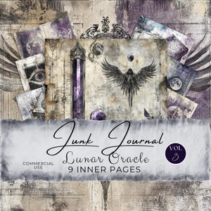 Lunar Orakel Karte Junk Journal Seiten | 9 Scrapbook Papiere | Kommerzielle Nutzung | Lila Grau, Mond Phase Magisch Mystisch, Tarot Kunst Style FAN37