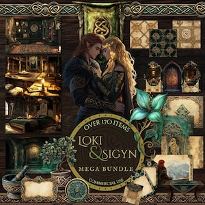 May include: Digital art bundle featuring a couple embracing, surrounded by fantasy elements. Includes interior scenes, decorative patterns, and a circular emblem with the text "Loki & Sigyn Mega Bundle Commercial Use". The color palette includes greens, browns, and golds.
