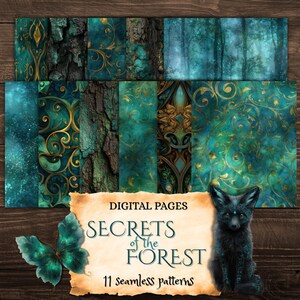 May include: A collection of 11 seamless digital patterns in teal and gold, with forest and bark textures, and ornate swirls. The image includes a black fox and a teal butterfly. Text reads "Digital Pages Secrets of the Forest".