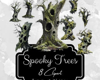 Spooky Tree Clipart: Haunted Halloween PNG Illustrations (Commercial Use) gv37 hal37