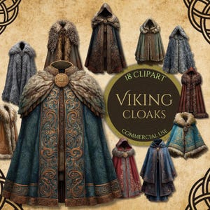 Könnte beinhalten: Ein Bild mit 18 Wikinger-Umhängen in verschiedenen Farben, darunter Türkis, Braun und Rot. Jeder Umhang hat einen Pelzbesatz und aufwendige Designs. Der Text "Viking Cloaks" und "Commercial Use" ist enthalten.